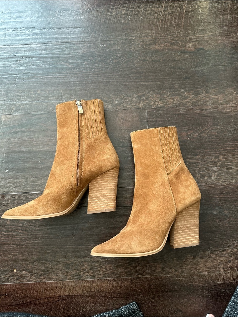 Steve Madden Tan Suede Pointed-Toe Block Heel Ankle Boots